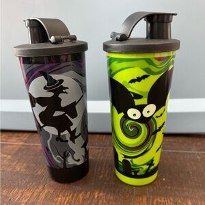 Two Halloween Tupperware with Black Lid 16oz witch and bats